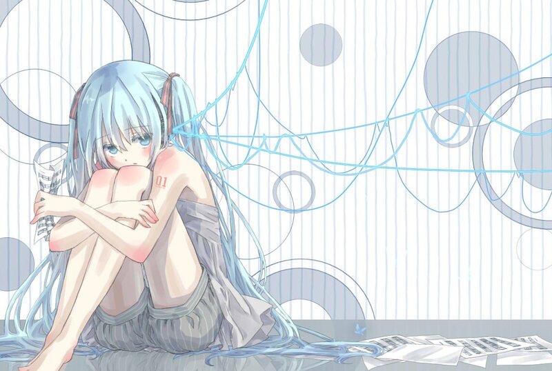 Blue-haired anime girl sitting