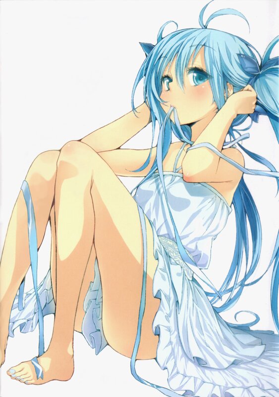 blue-haired anime girl sitting
