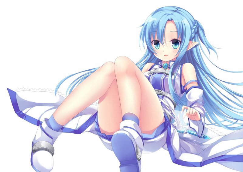 blue-haired anime girl sitting