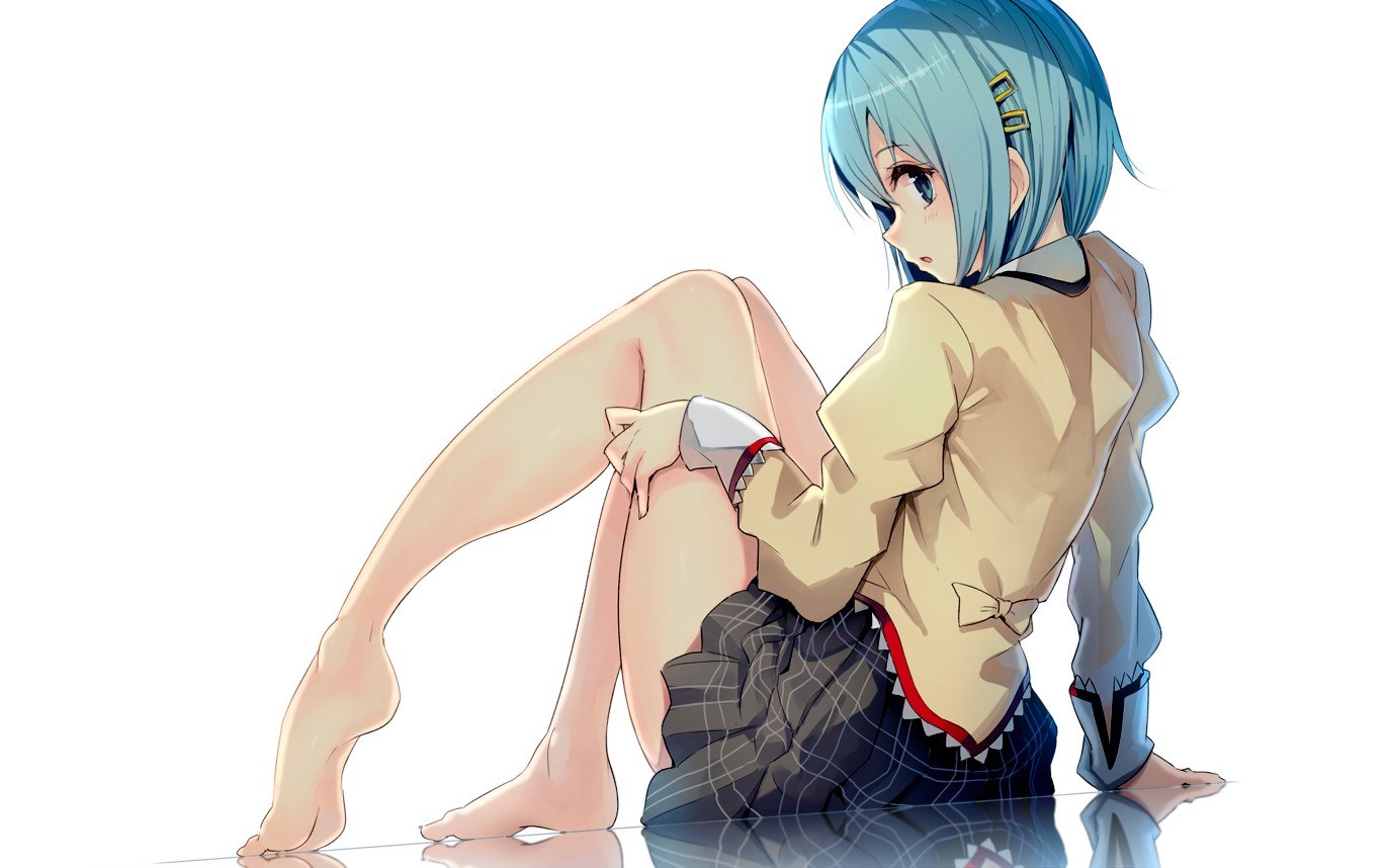 blue-haired anime girl sitting