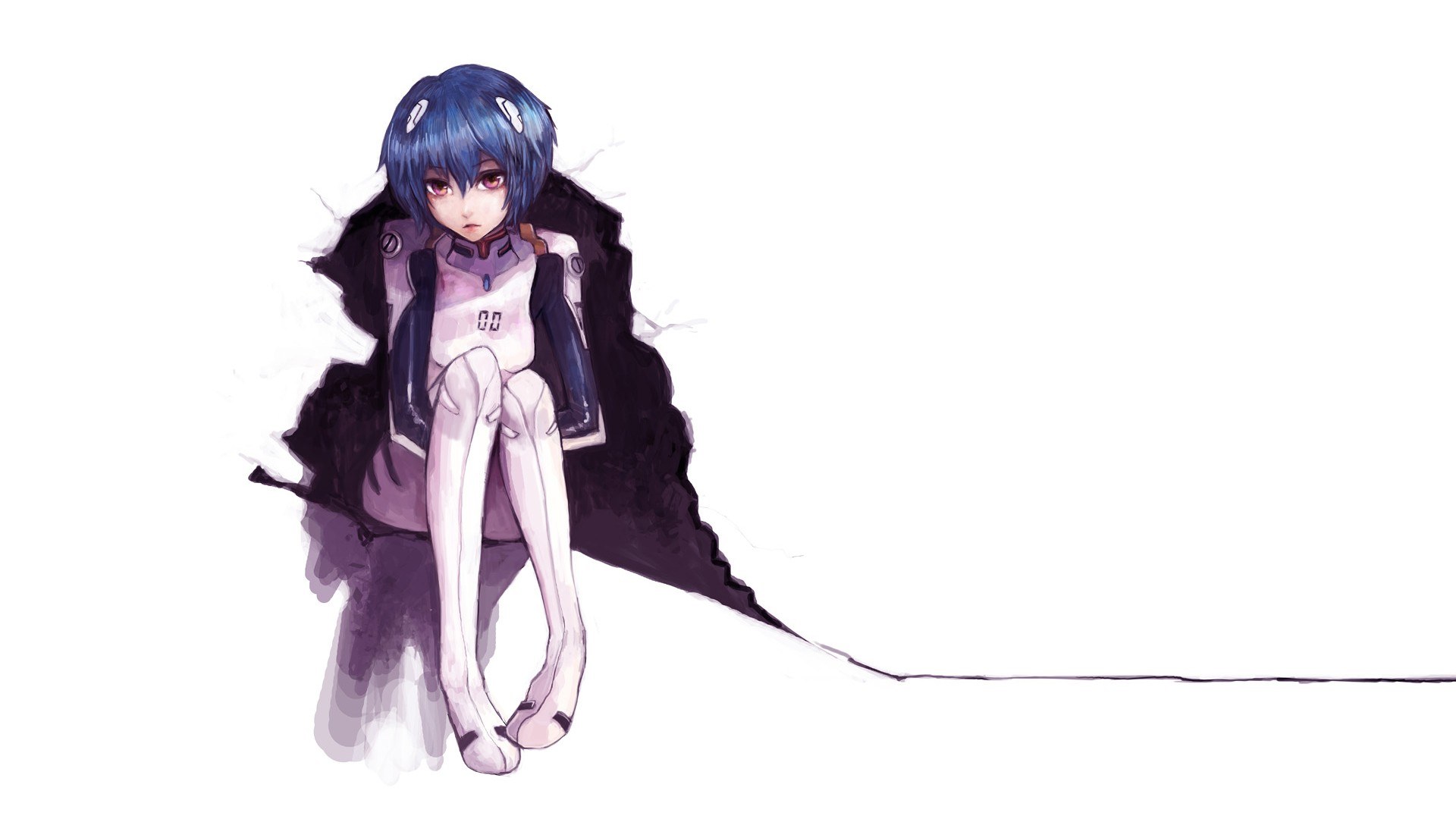 blue-haired anime girl sitting