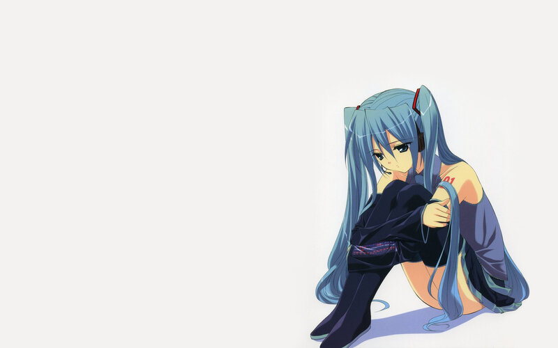 blue-haired anime girl sitting