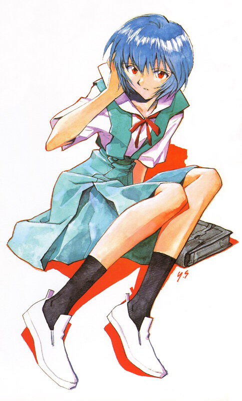 blue-haired anime girl sitting