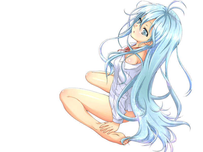 blue-haired anime girl sitting