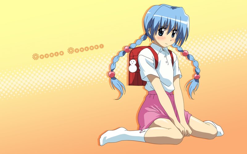 blue-haired anime girl sitting