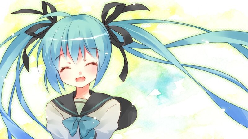 blue-haired anime girl smiling