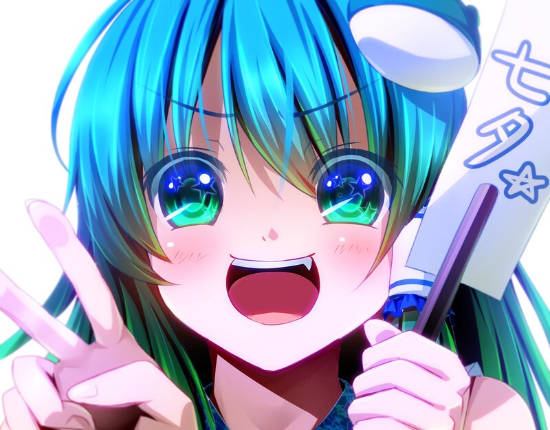 blue-haired anime girl smiling