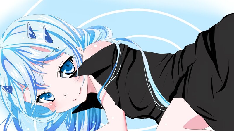 blue-haired anime girl smiling