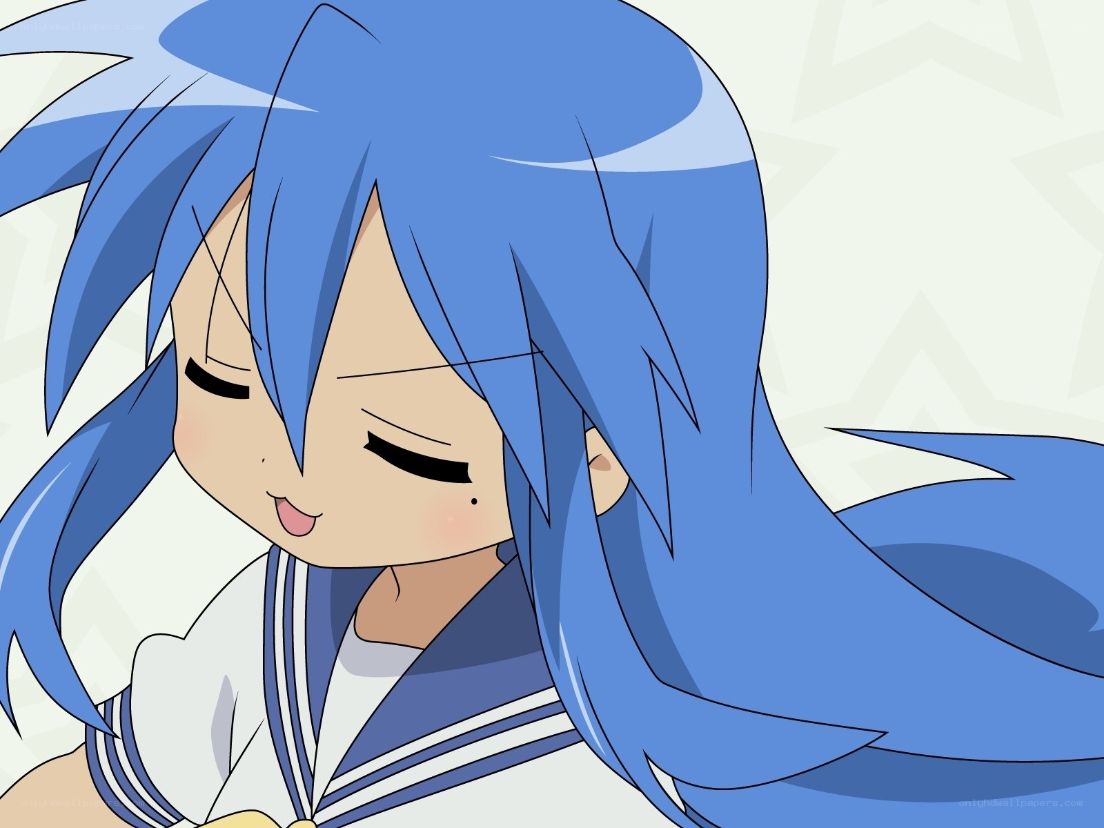 blue-haired anime girl smiling