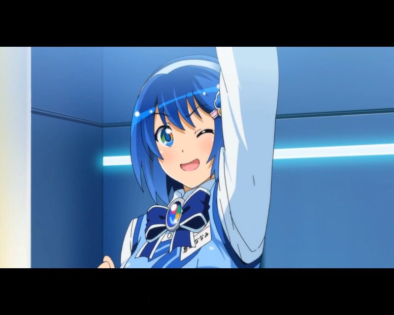 blue-haired anime girl smiling