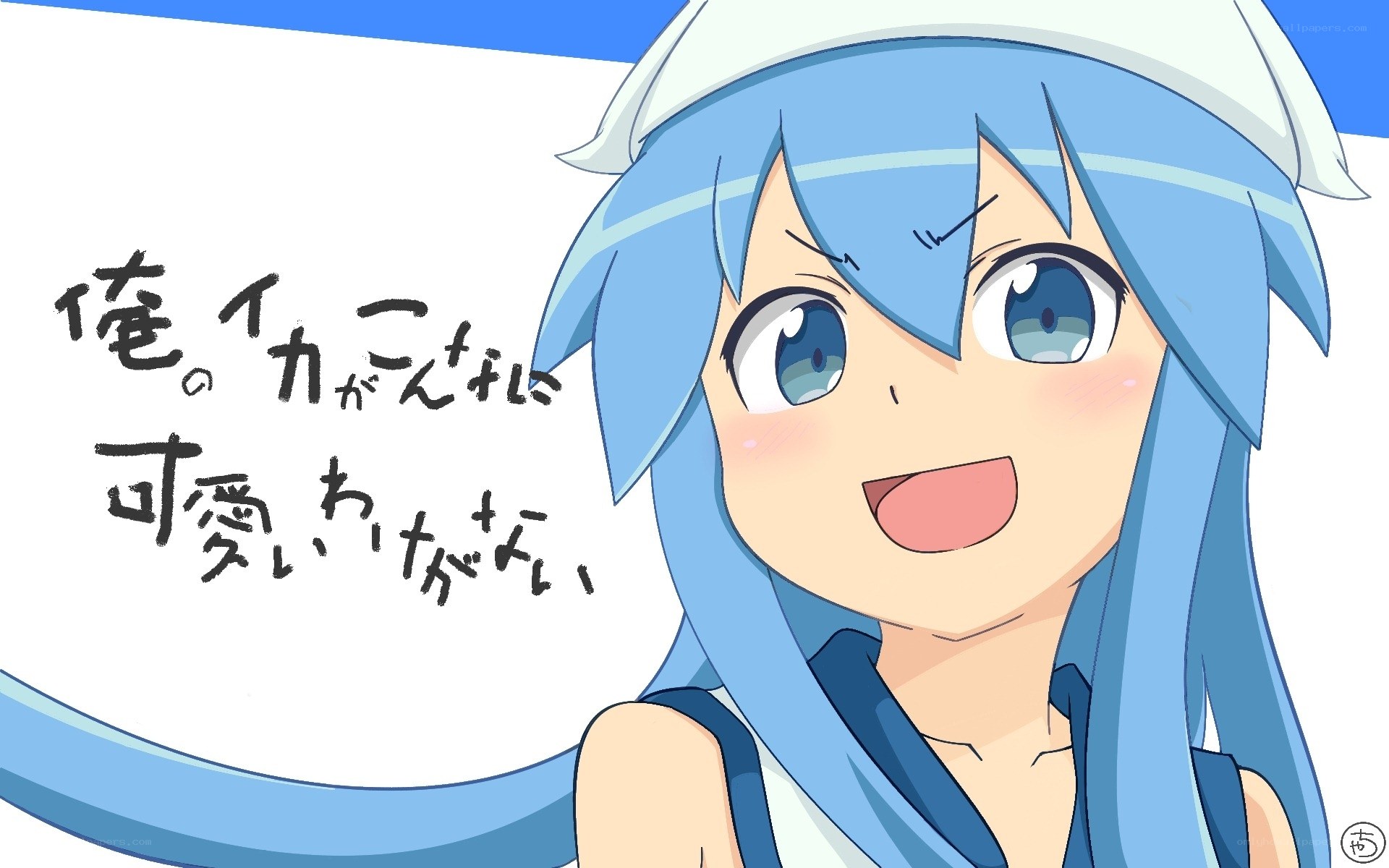 Blue-haired anime girl smiling