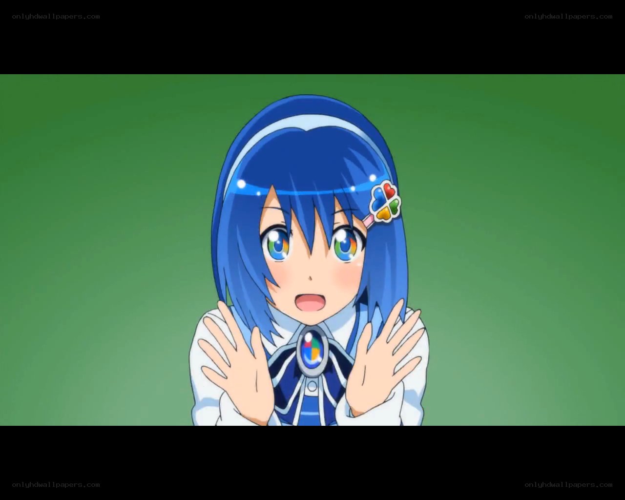 blue-haired anime girl surprised