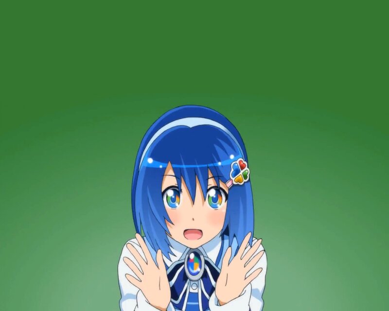 blue-haired anime girl surprised
