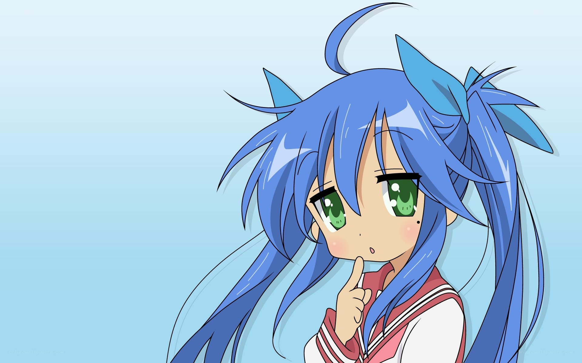 blue-haired anime girl thinking