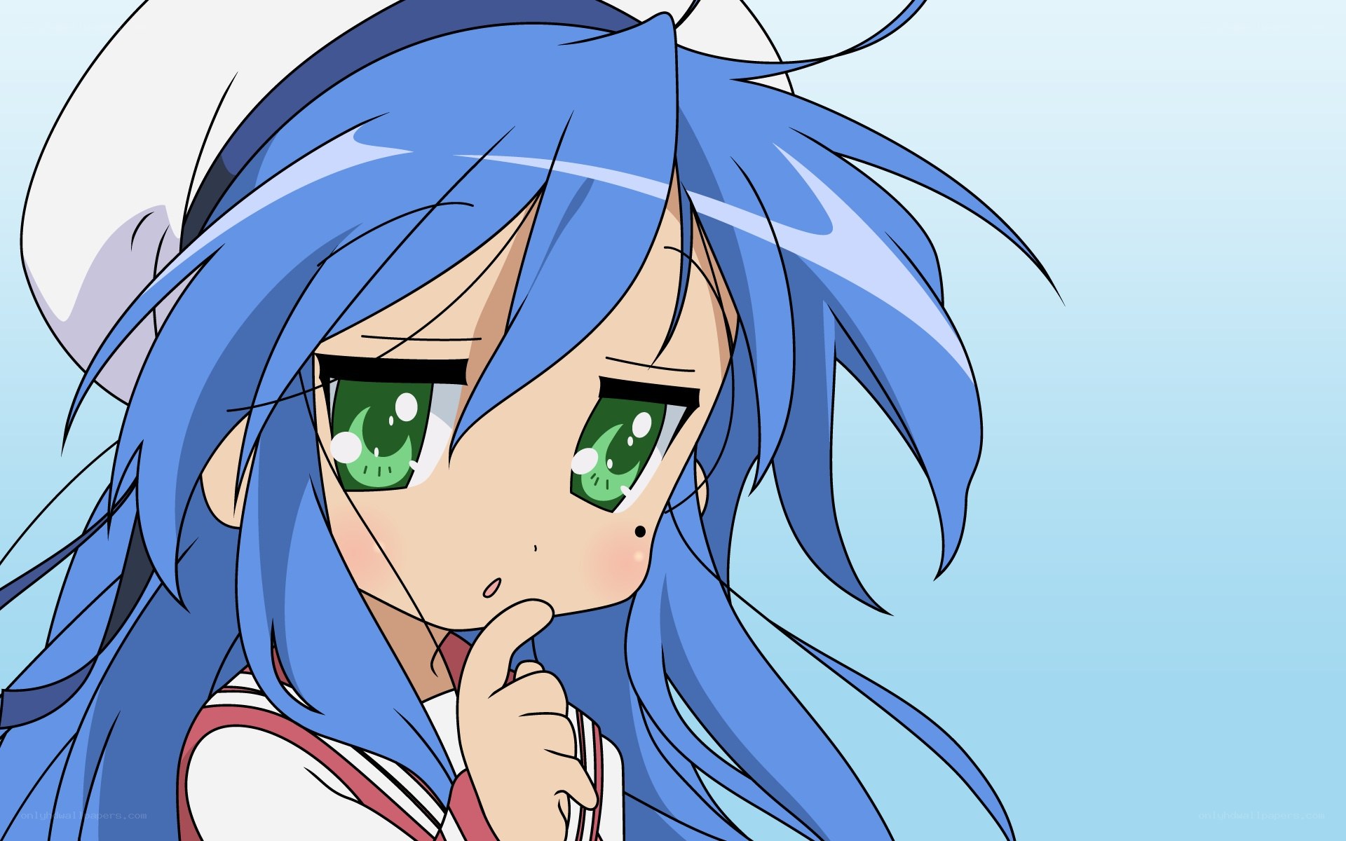 blue-haired anime girl thinking