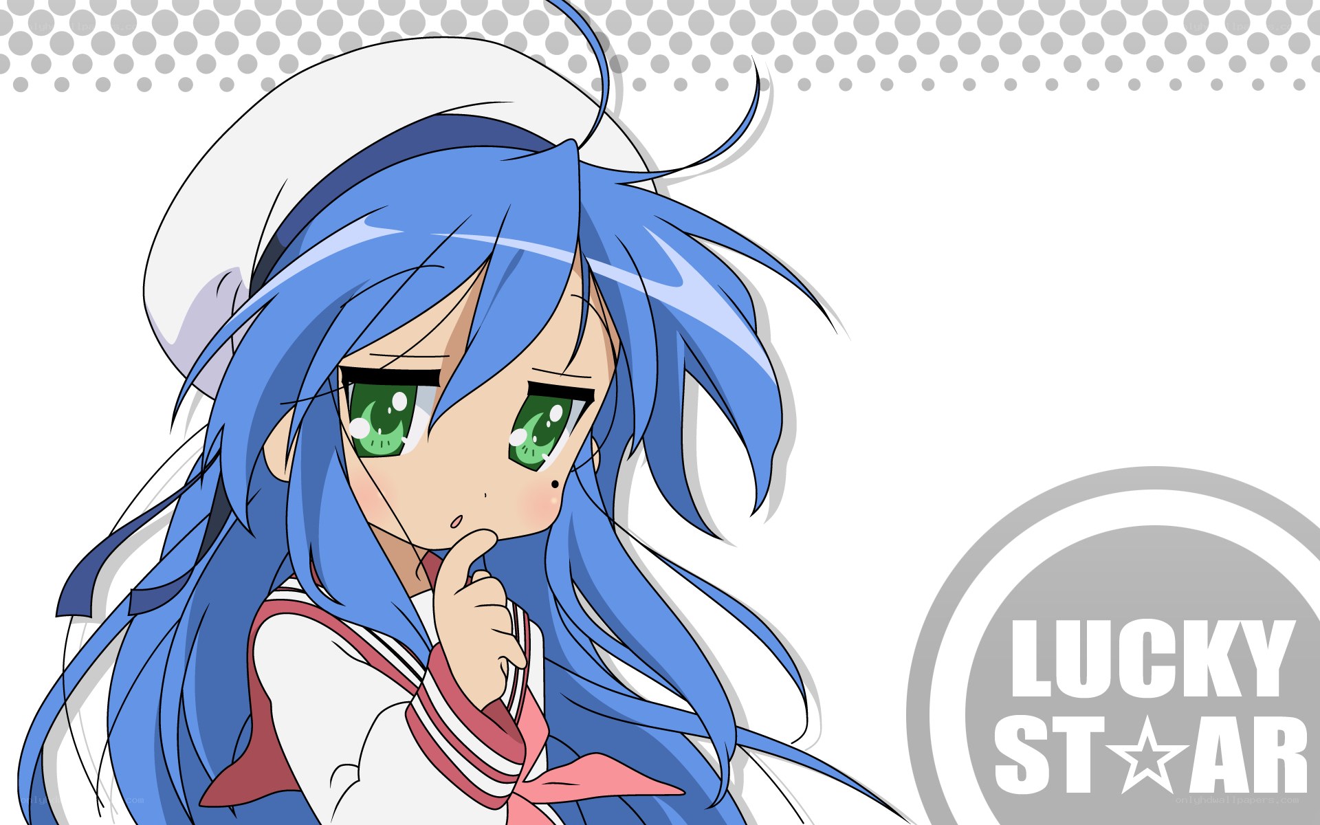 blue-haired anime girl thinking