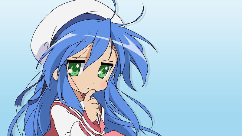 blue-haired anime girl thinking