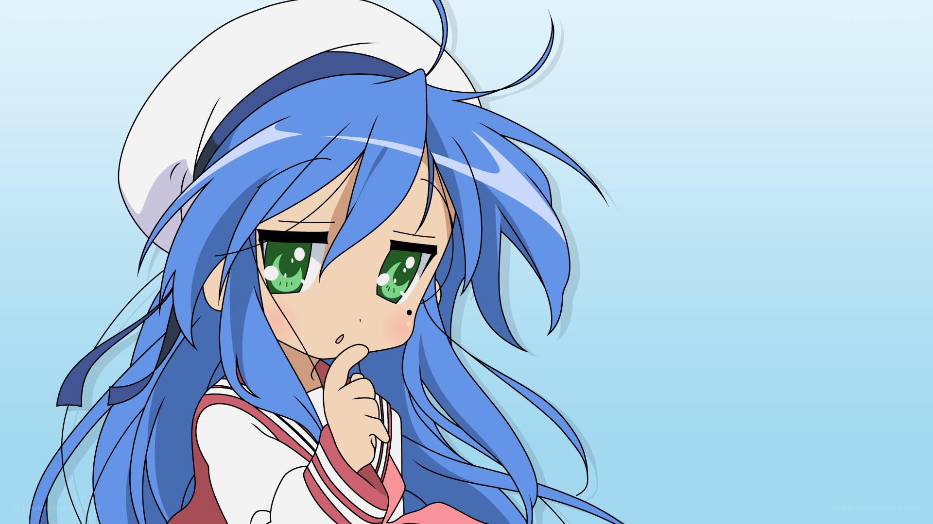 blue-haired anime girl thinking