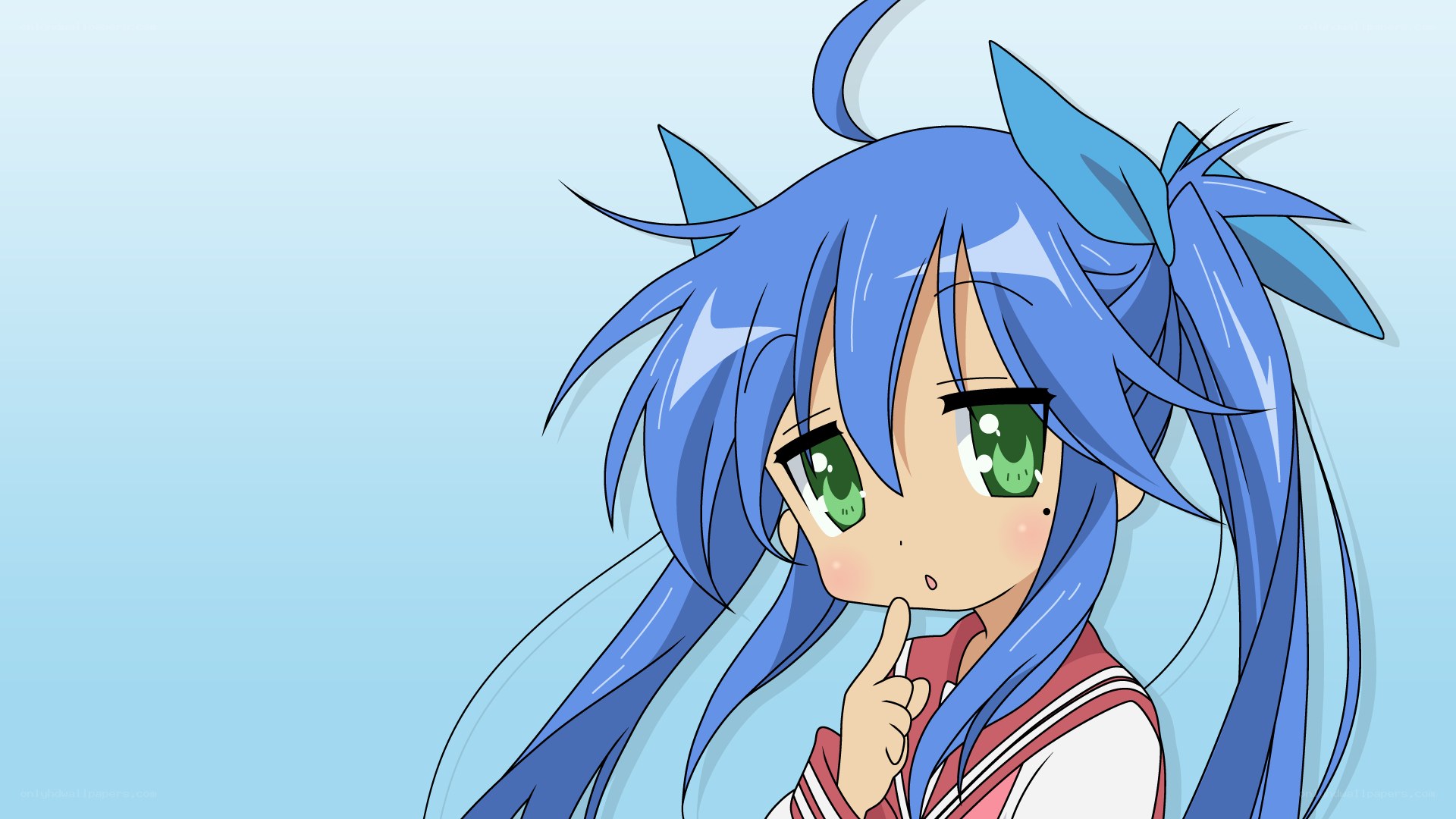 blue-haired anime girl thinking