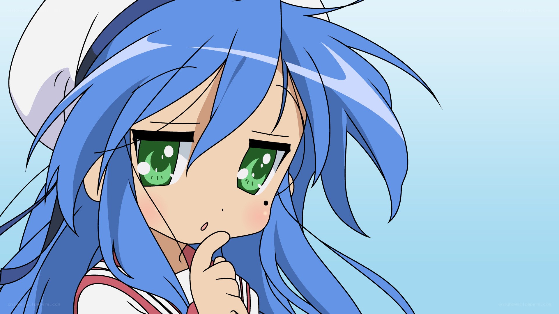 blue-haired anime girl thinking