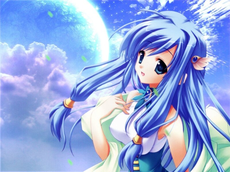 blue-haired anime girl under moon