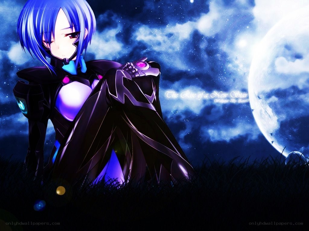 blue-haired anime girl under moon
