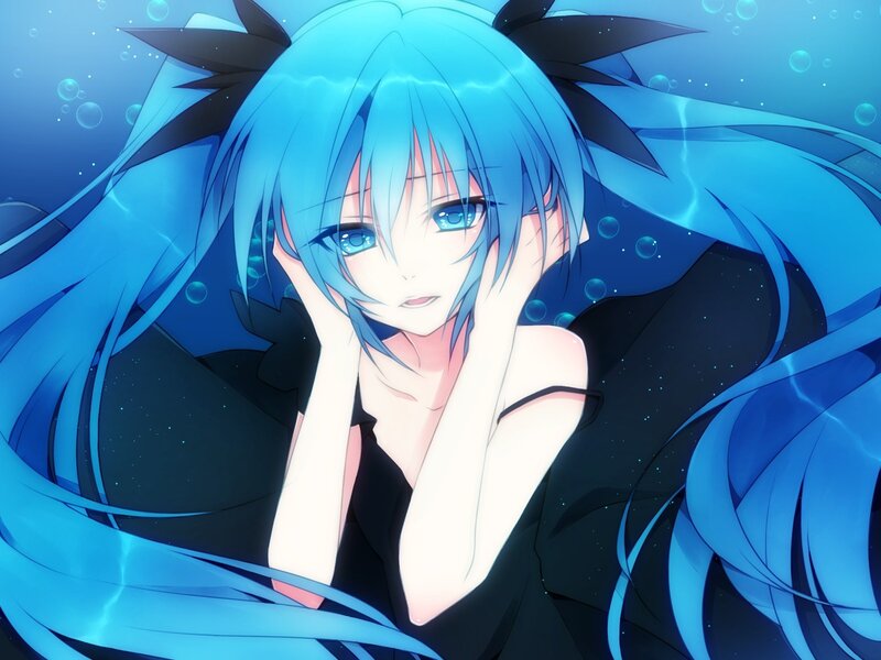 blue-haired anime girl underwater