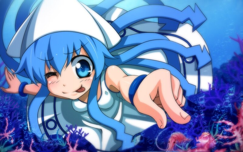 blue-haired anime girl underwater