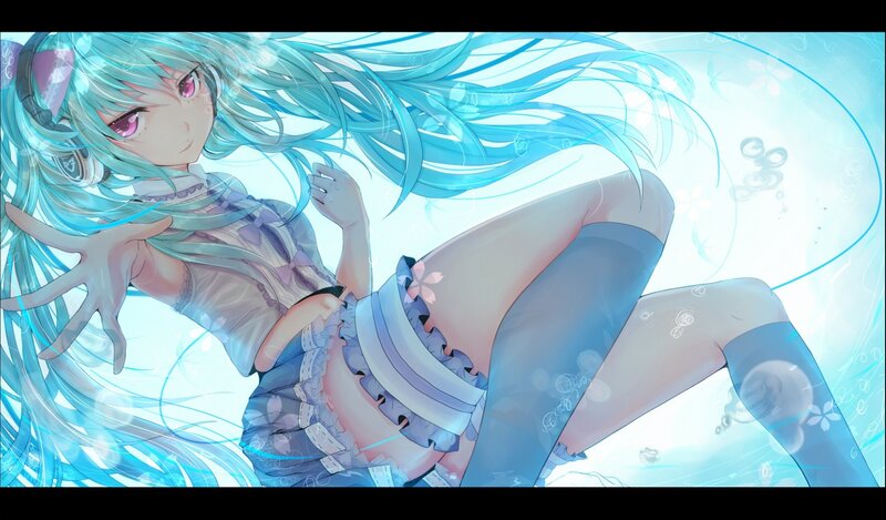 blue-haired anime girl underwater