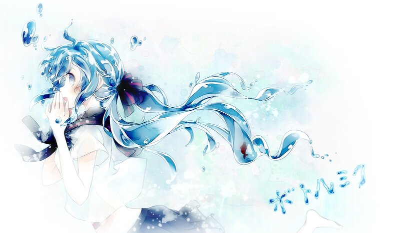 blue-haired anime girl underwater