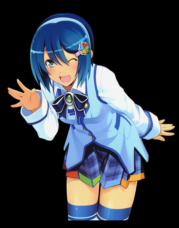 blue-haired anime girl waving