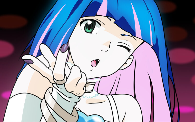 blue-haired anime girl winking