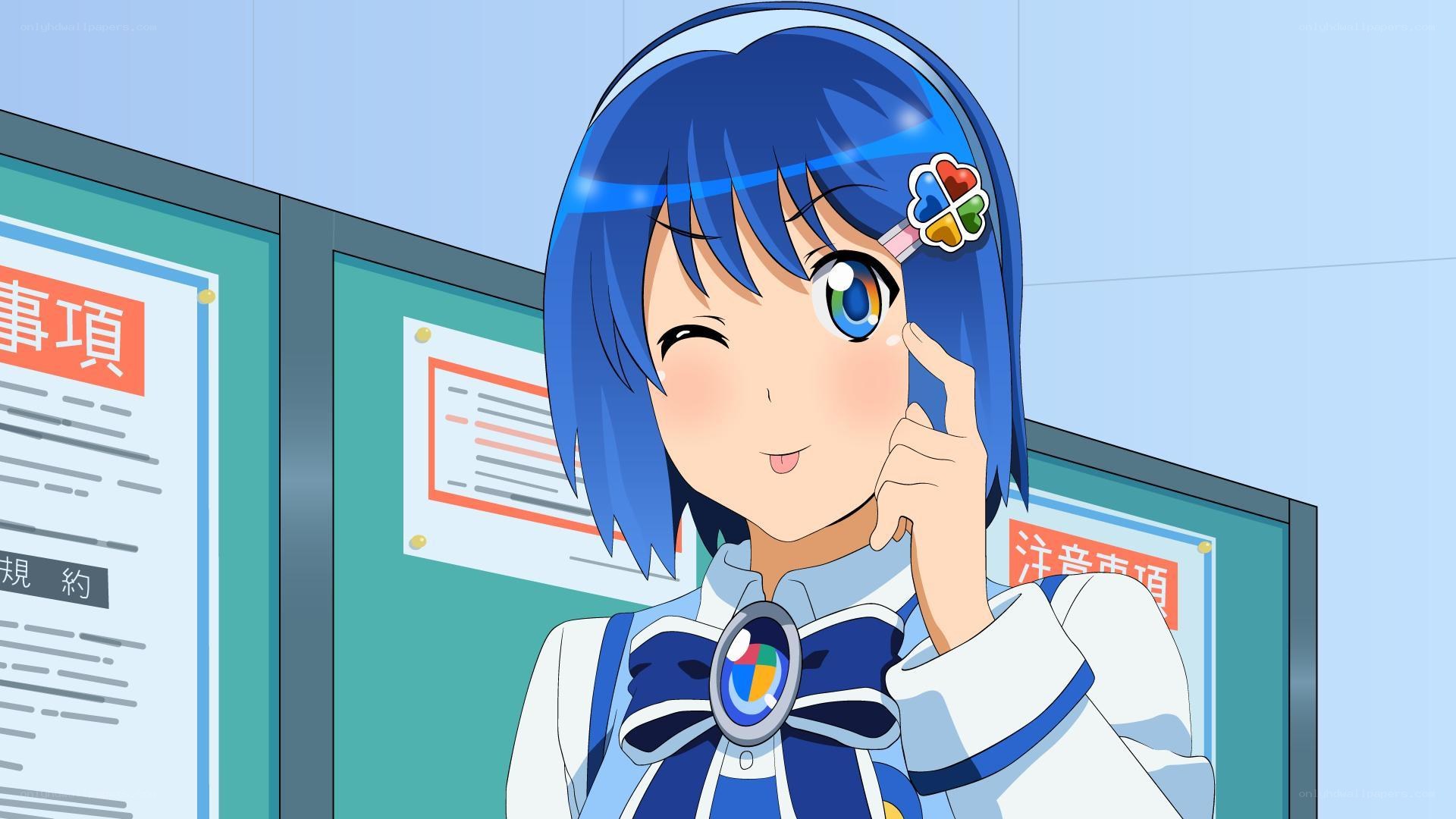 blue-haired anime girl winking