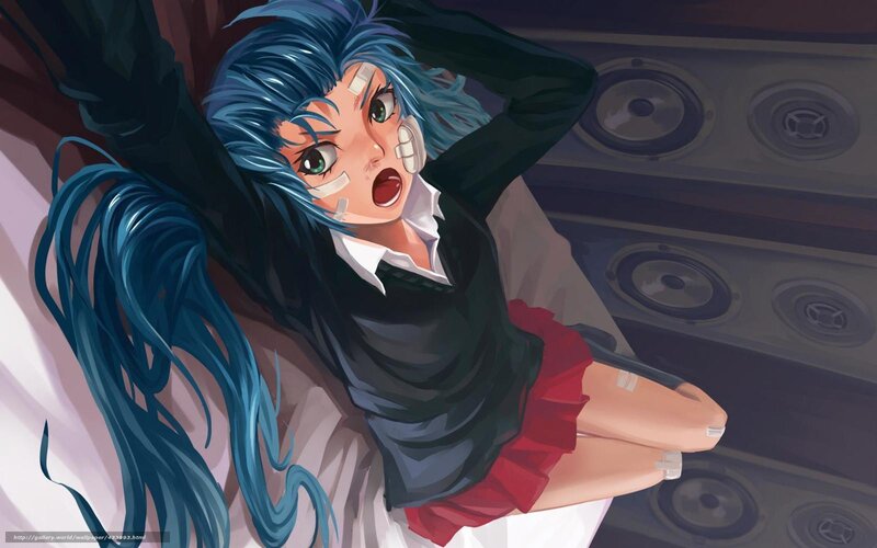 blue-haired anime girl with bandages