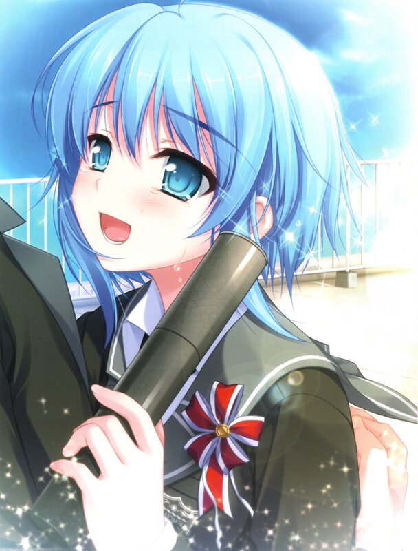 blue-haired anime girl with baton
