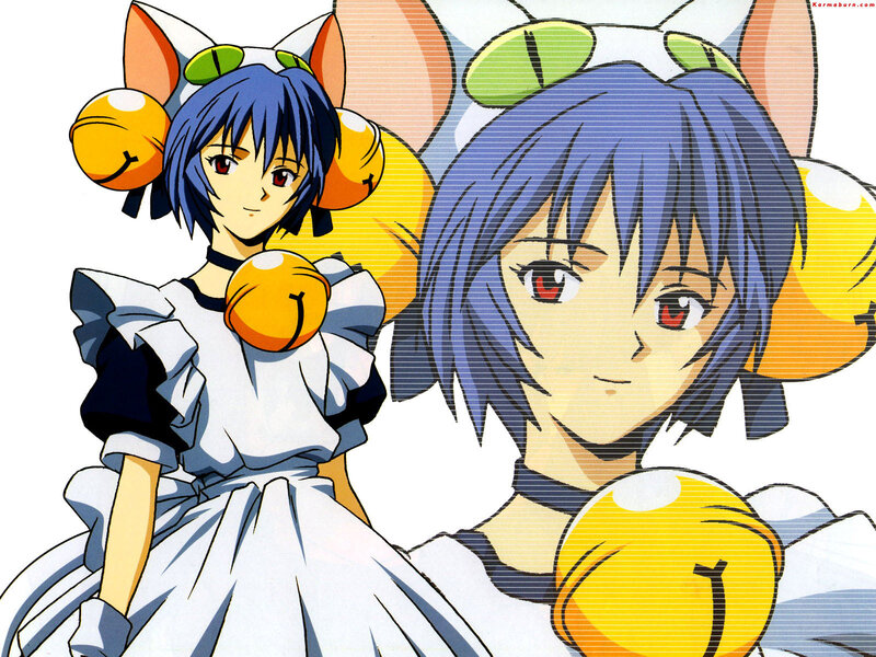 Blue-haired anime girl with bells