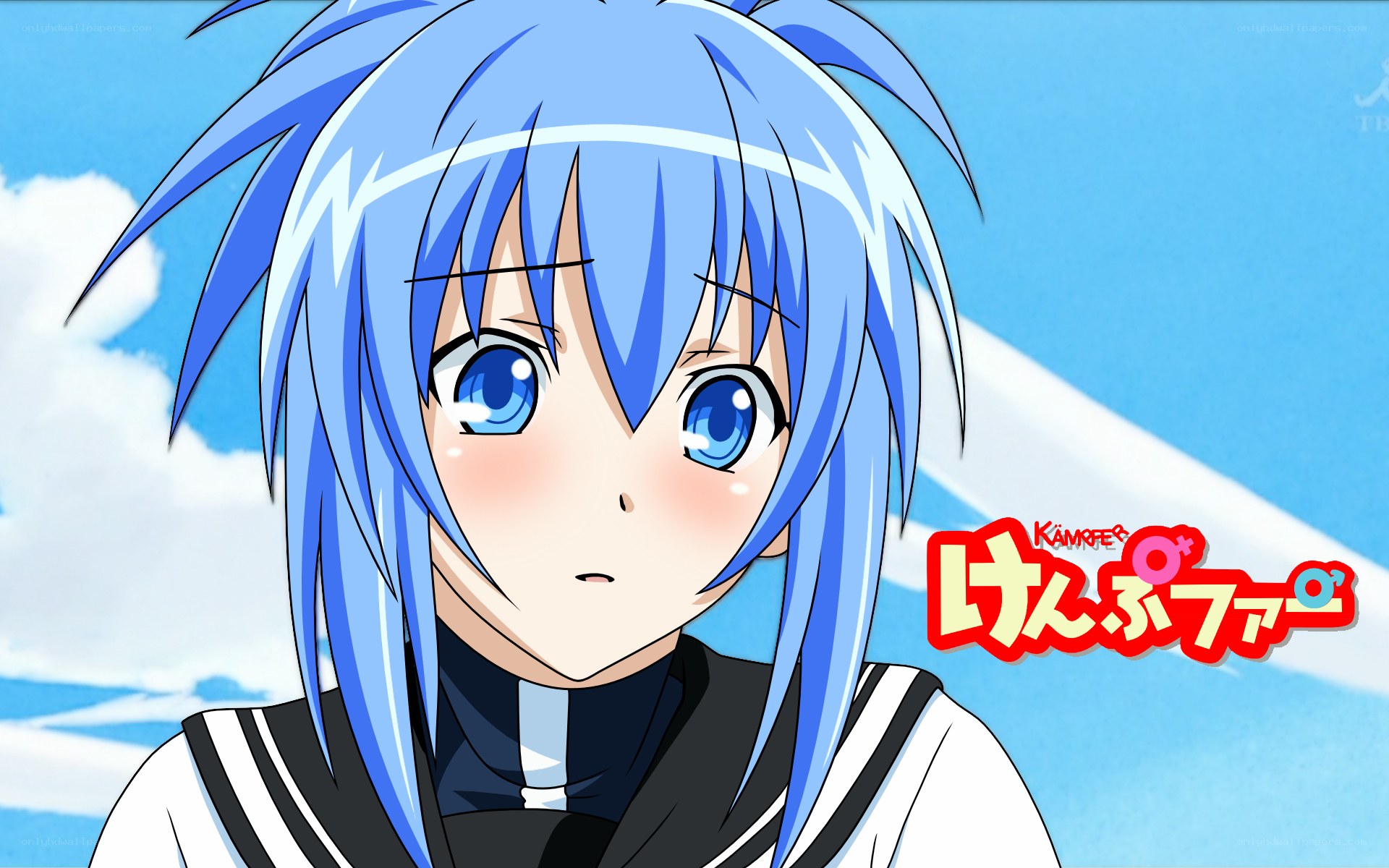 Blue-haired anime girl with blush