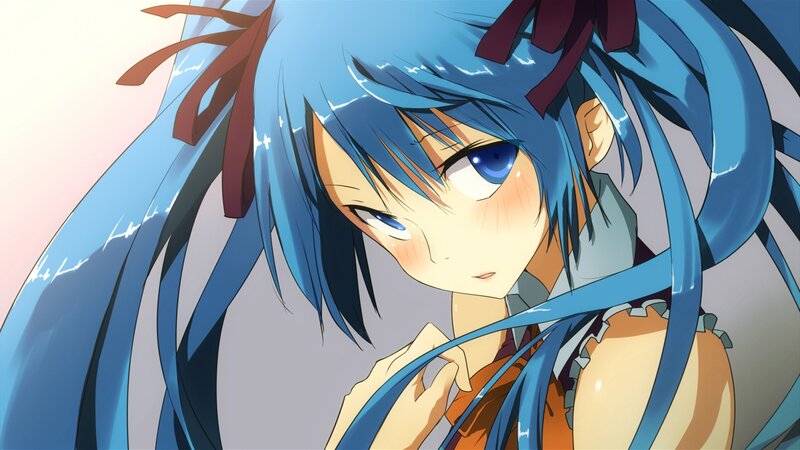 blue-haired anime girl with bow