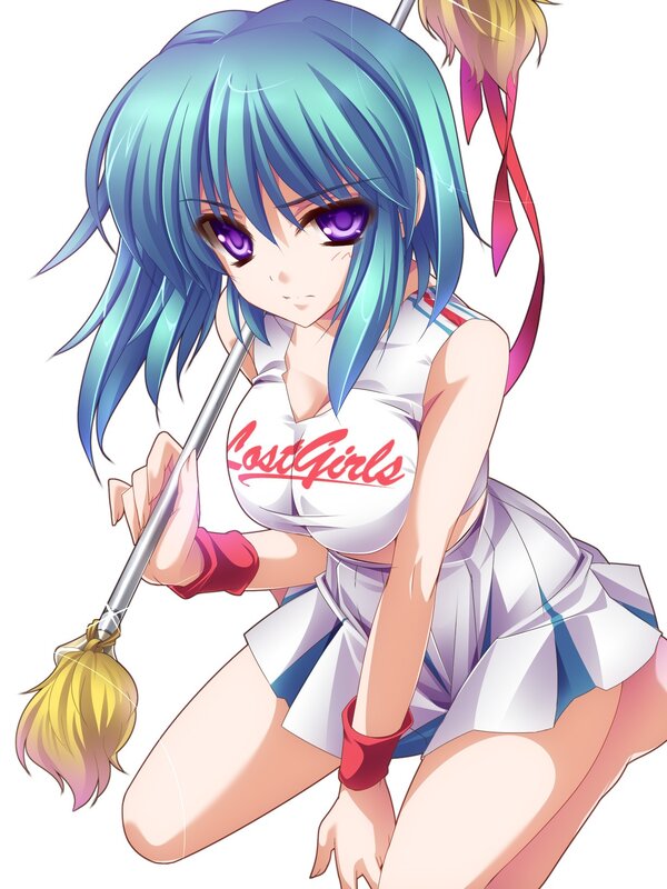 blue-haired anime girl with broom