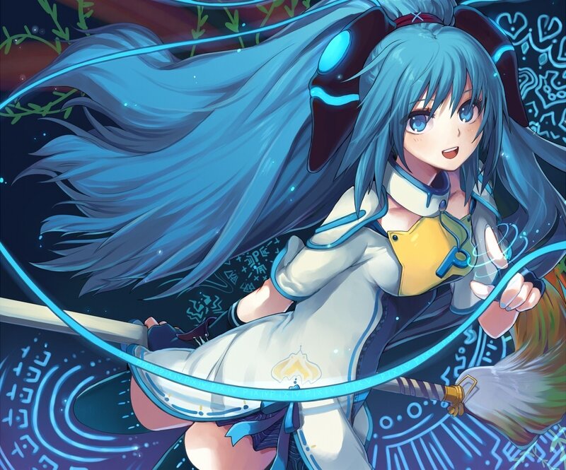 blue-haired anime girl with broom