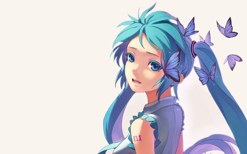 blue-haired anime girl with butterflies