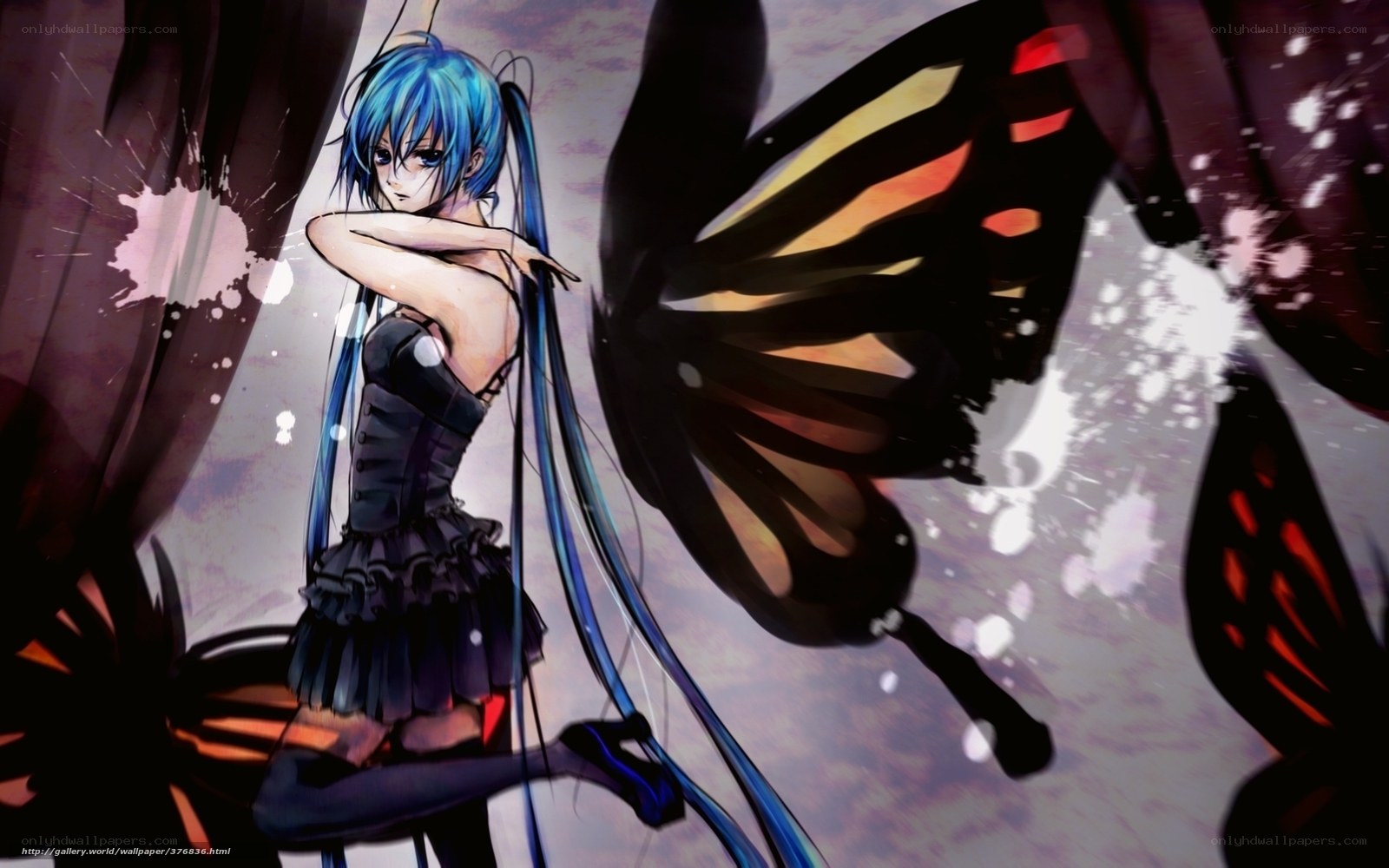 blue-haired anime girl with butterfly wings