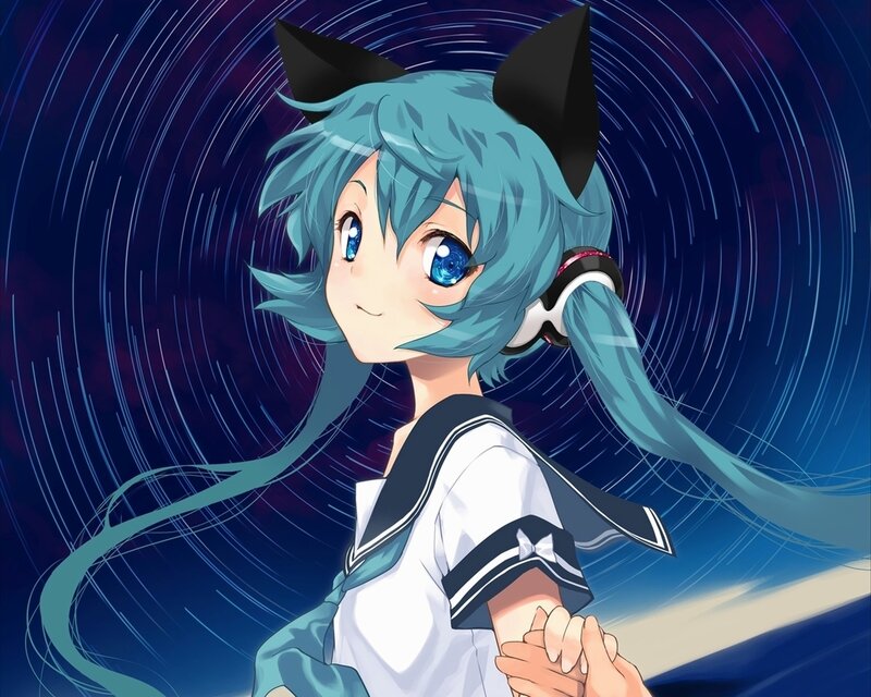 blue-haired anime girl with cat ears