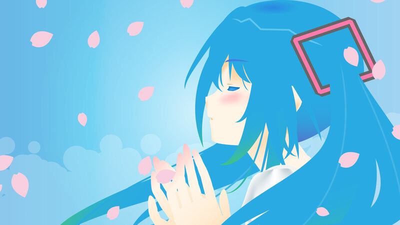 blue-haired anime girl with cherry blossoms