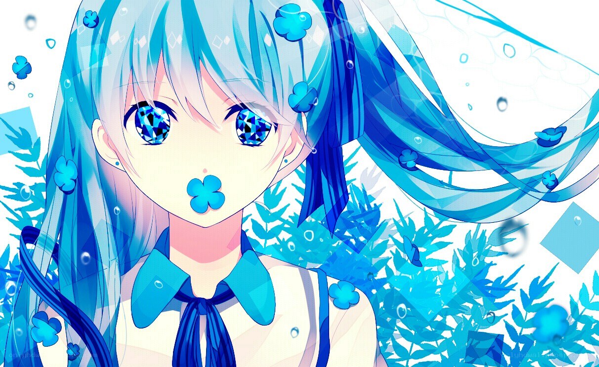 blue-haired anime girl with clover