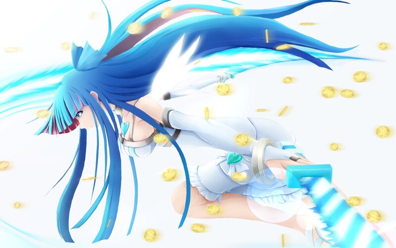 blue-haired anime girl with coins