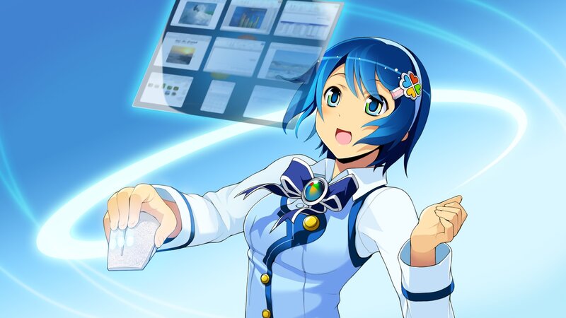 blue-haired anime girl with computer interface