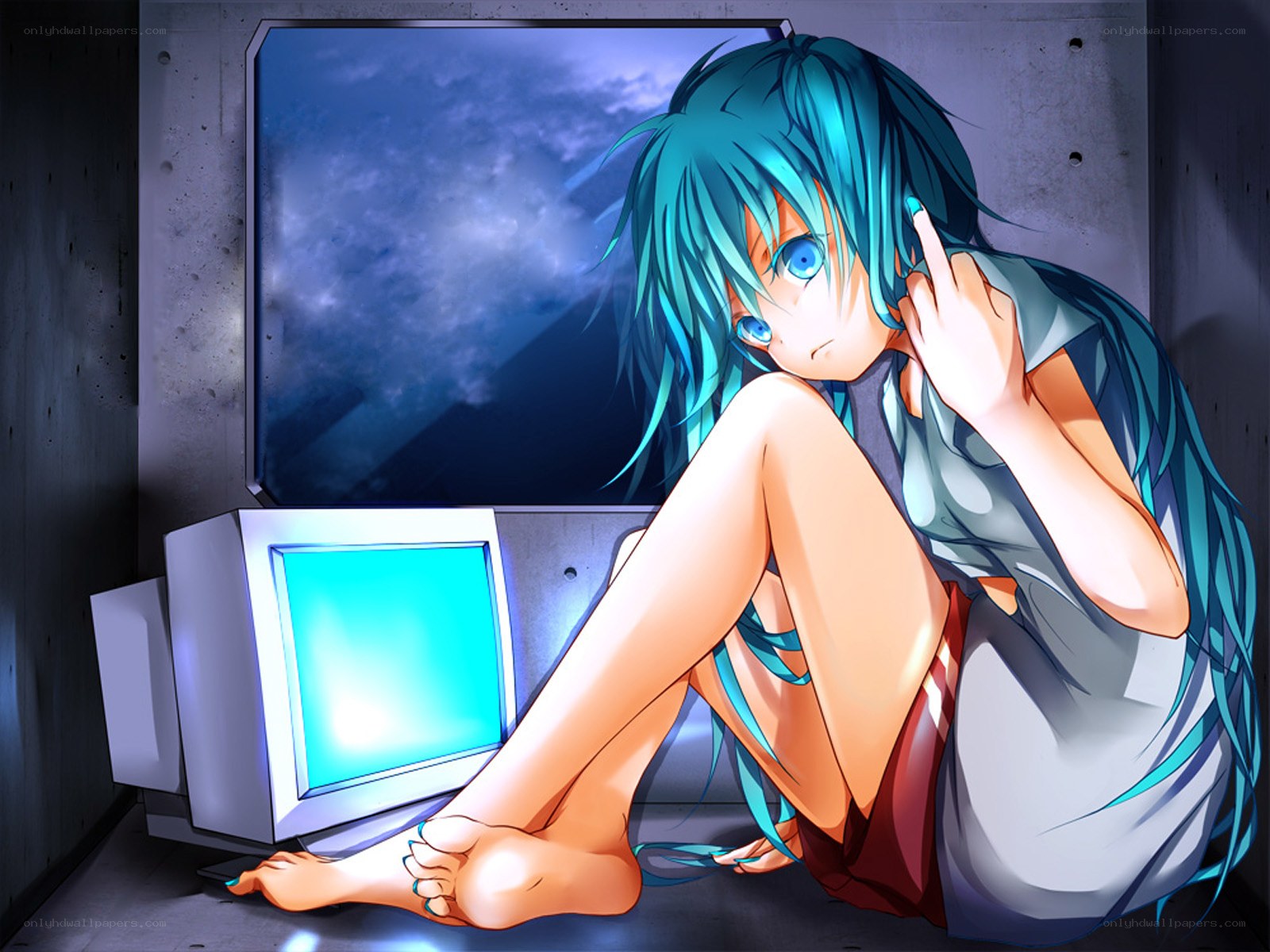 Blue-haired anime girl with computer