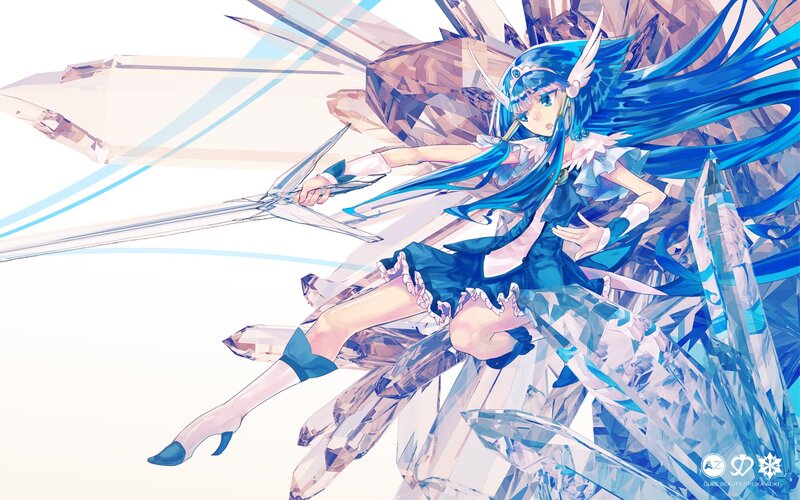 blue-haired anime girl with crystal wings