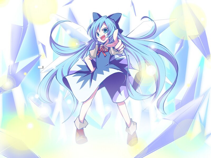 blue-haired anime girl with crystals